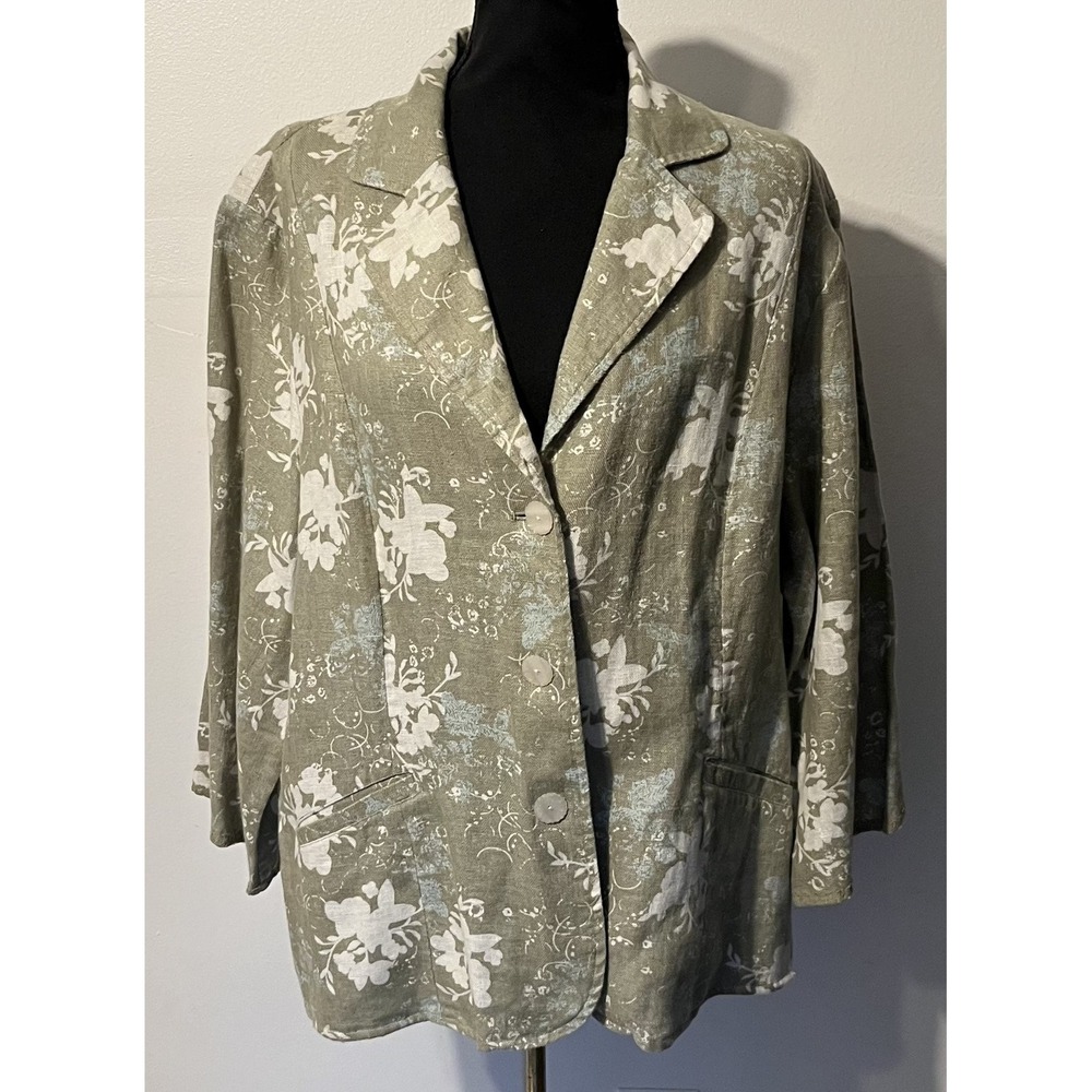 J Jill Blazer Womens XL Green 100% Linen Floral 3/4 Sleeve‎ Button Jacket